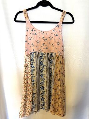 Patchwork Boho Mini Dress Floral Multicolor Sleeveless Size L .Paani